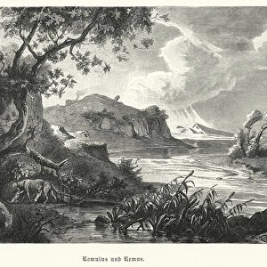 Romulus and Remus, legendary founders of ancient Rome, being suckled by the she-wolf in the wilderness (engraving)