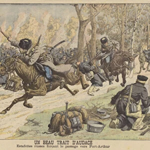 Russian dispatch riders forcing their passage on the road to Port Arthur, Manchuria (colour litho)