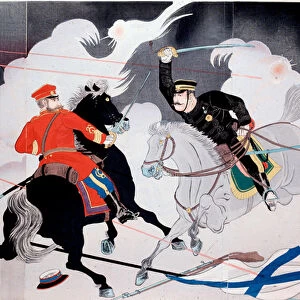 Russo-Japanese War (1904-1905), the battle of two horsemen. Early 20th century (print)
