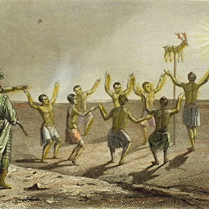 Sacrifice of a deer to the sun by the Indians of Florida, 1850 (hand-coloured engraving)