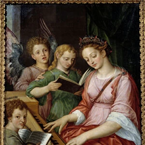 Saint Cecile playing harpsichord Painting by Michael Coxcie (Michiel Coxien) (De Coxien