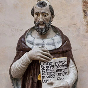 Saint holding a book, half figure, end XV century (polychrome glazed terracotta)