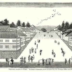 Sakurada Avenue in Tokio, Yashikis of daimios, now occupied by the Foreign Office and War Department (engraving)