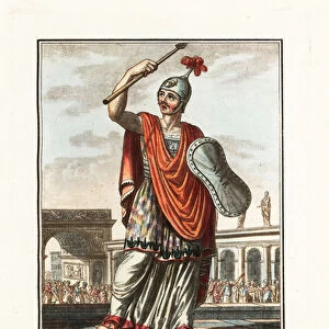 Salii priest in costume of an archaic warrior, ancient Rome. 1796 (engraving)