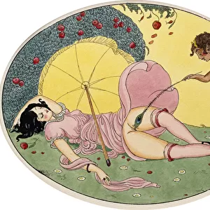 A Satyr and a Young Girl, c. 1917 (black ink and watercolour on an oval card, framed)