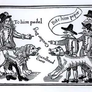 17th-century English woodcut print of two dogs 17th-century English woodcut print of two dogs