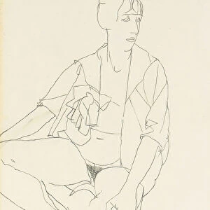 Seated female nude with open blouse, 1913 (pencil on paper) (recto of 993710)