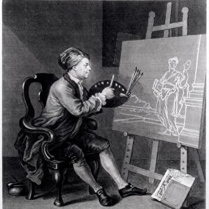 Self Portrait Painting the Comic Muse, engraved by the artist, pub. 1758 (engraving)