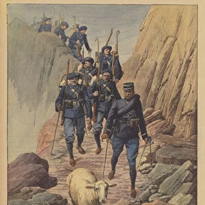 A sheep guiding a platoon of French Chasseurs Alpins lost in fog in the Alps (colour litho)