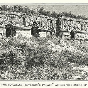 The so-called "Governors Palace"among the ruins of Uxmal (litho)