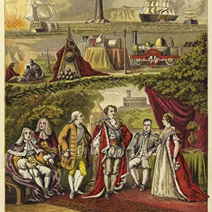 Sovereigns of the House of Hanover; King George I, King George II, King George III, King George IV, King William IV, Queen Victoria (chromolitho)