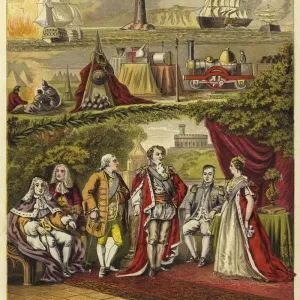 Sovereigns of the House of Hanover; King George I, King George II, King George III, King George IV, King William IV, Queen Victoria (chromolitho)