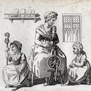 Spinning: mother and her daughters spinning wool. The woman uses a spinning wheel