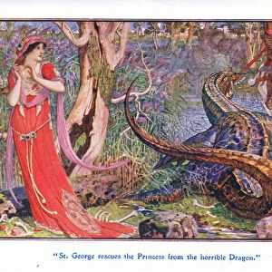 St George rescues the princess from the horrible dragon, 1912 (colour litho)