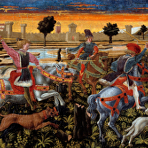 Stag hunting scene. Detail. Anonymous painting of the Florentine School. 1450-1460