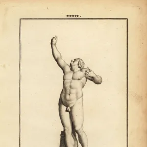 Statue of Eros, Greek god of love, naked with quiver, launching invisible arrows with an invisible bow