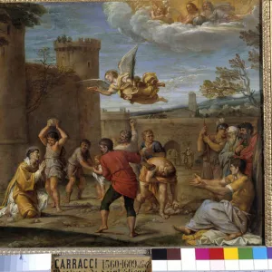 The stoning of St. Stephen: St. Stephen (Stephane), was the first Christian martyr who died by stoning in 36 AD. JC. Painting by Annibale Carracci or Annibal Carrache (1560-1609). 16th century. Dim 0, 42 x 0, 54 m Paris