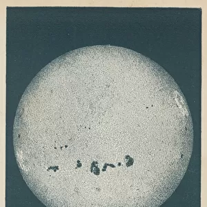 The Sun, with comparative Magnitudes of the Earth and Moon (colour litho)