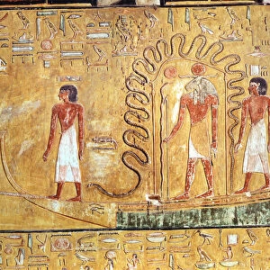The sun god Ra in his solar barque, protected by the coils of a serpent