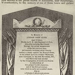 Tablet in Amblecote Church to the Memory of Ensign Lyndon J Grier (engraving)