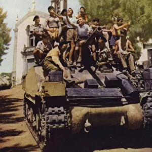 Tank of the British Eighth Army giving a ride to a group of children, Milo, Sicily, Italy, World War II, August 1943 (photo)