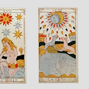 Three tarot cards depicting The Star, The Moon and The Sun (coloured wood engraving)