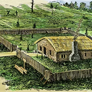 The thatched house of William Bradford (1590-1657), chief of the colony of Plymouth, Massachusetts in 1621. 19th century lithography