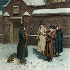 "The Christmas Waits, "musicians playing carol music in the snow (chromolitho)