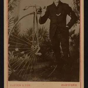 Thomas Stevens, English cyclist, the first to circumnavigate the Earth by bicycle, with his penny farthing (b / w photo)