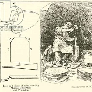 Tools and Pieces of Slate, showing Method of Splitting and Trimming, Slate-Dressers at Work (engraving)