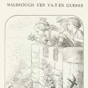 From the top of the tower, Madame sees her page return. 1880 (engraving)