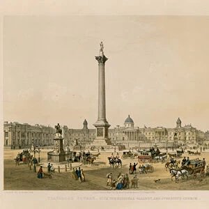Trafalgar Square with the National Gallery and St Martins Church (coloured engraving)