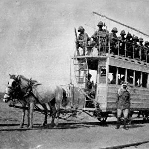 Tram pulled by horses, on the way to Kut (b / w photo)