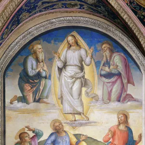 The transfiguration: Christ vested in white is surrounded by Moses and Elijah, below the apostle John, Peter and James, 1496-1500 (fresco)