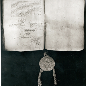 Treaty of Cambrai, 1529 (vellum) (b / w photo)