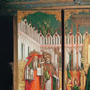 Triptych of The Virgin and Child surrounded by Saints, detail of the left panel showing