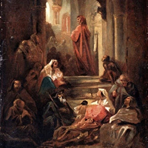 Une scene de la vie de Dante Alighieri (1265-1321) (A Scene From the Dante Alighieris Life). Oeuvre de Nikolai Petrovich Lomtev (1816-1859), huile sur carton, 1850. Art russe, 19e siecle