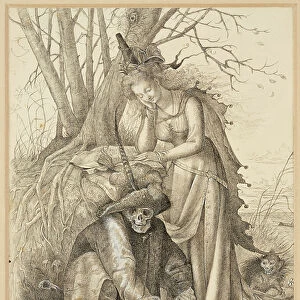 Vanitas Allegory: Death and a young woman, 1801-1900 (pen and black ink with touches of white body colour on paper)
