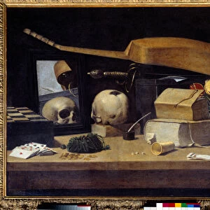 Vanitas Still Life (Vanite) with deck of cards, instrument and skull