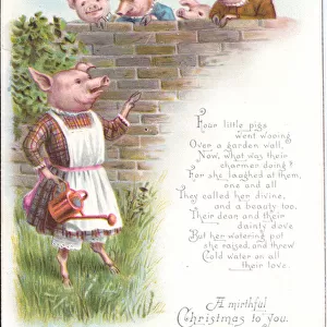 Victorian Christmas card with pigs flirting, c. 1880 (colour litho)