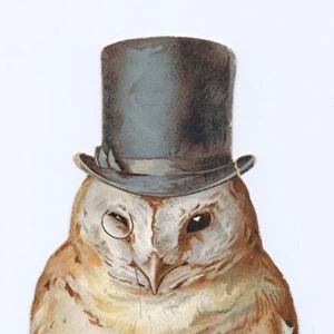A Victorian die-cut shape card of an owl in top hat and boots and wearing a pince nez, c
