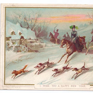 Victorian New Year card of a hunting party on horses chasing a fox, c. 1880 (colour litho)