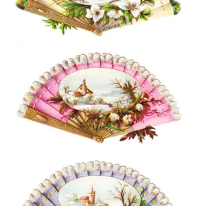 A Victorian Paper Scrap Relief of a three fans with images on a sheet, c