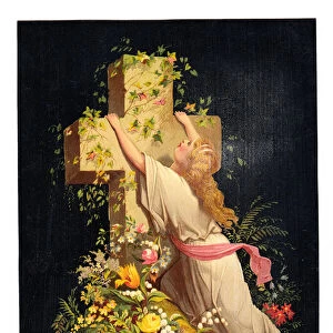 A Victorian religious card of a woman clinging onto a cross entwined with flowers, c