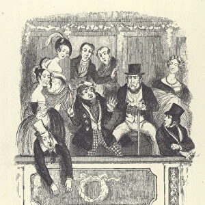 Victorian theatregoers crowd into a box at a London theatre (engraving)