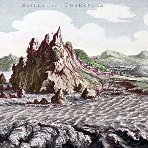 View of Charybde and Scylla in the Detroit of Messina between Italy and Sicily (Scylla and Charybdis (Kharybdis) in the strait of Messina, Sicily, Italy) Engraving after "Mundus Subterraneus" by Athanasius Kircher (1601-1680), Jesuite