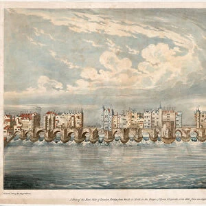View of East Side of Old London Bridge in the reign of Queen Elizabeth I (coloured engraving)