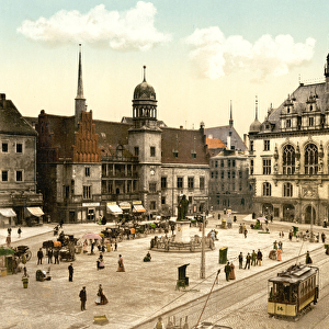 View of the market place in Halle, Germany, pub. c. 1895 (postcard chromolithograph)
