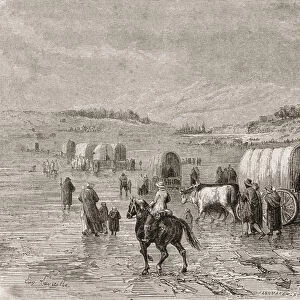 A Wagon Train Heading West in the 1860s, engraved by Stephane Pannemaker (1847-1930)