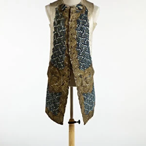 Waistcoat decorated with gold metal thread, blue chenille and sequins, c. 1750-70 (silk)